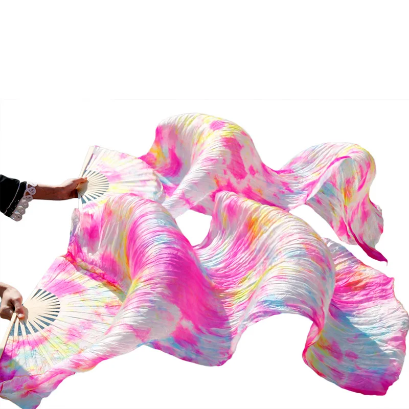 1 Pair 100% Real Silk/Imitation Silk Belly Dance Fan Belly Dance Veil Handmade Dyed Silk Dance Fan High Quality Silk Fans Veils