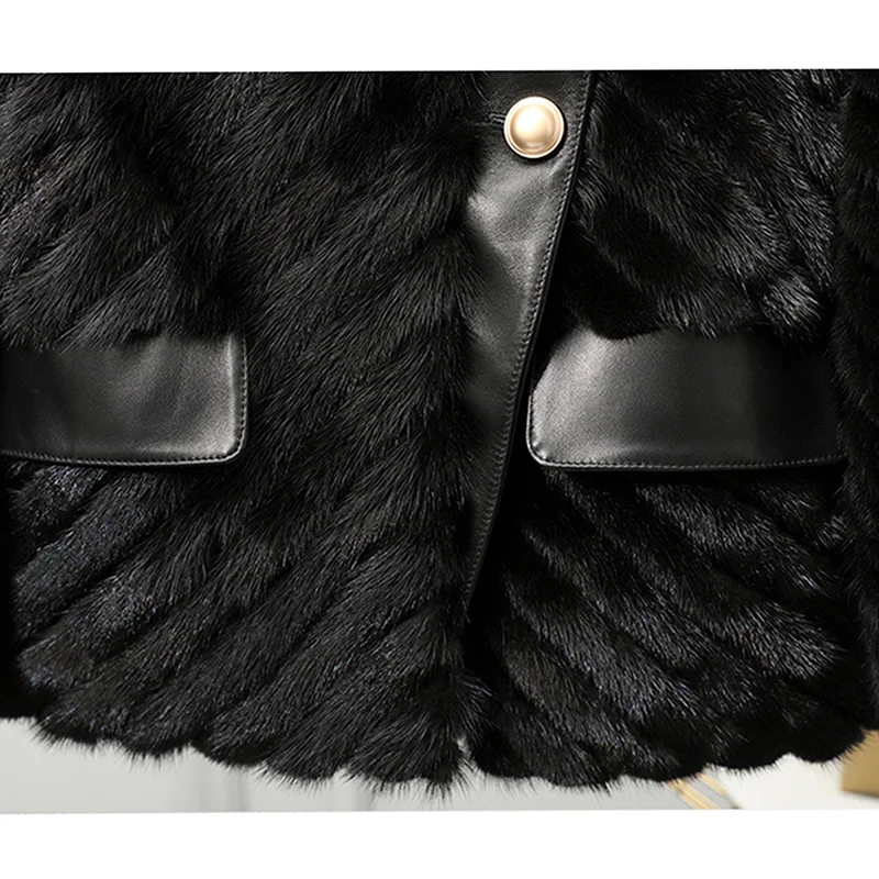 Mink Fur Coat Round Neck Women\'s Clothes Natural Fur Mink Coats Winter Warm Short Leather Sleeves Female Black Jacket Outwear