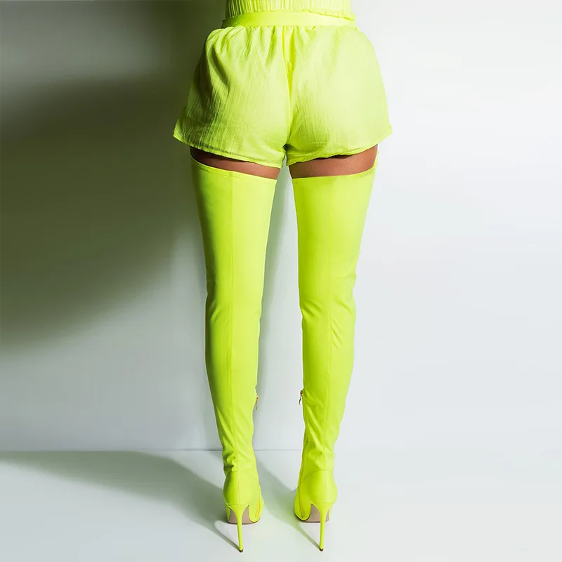 New Sexy Neon Green Crotch High Boots Pointied Toe Belted Buckle Thigh High Boots Stiletto Boots Women Over The Knee Boots