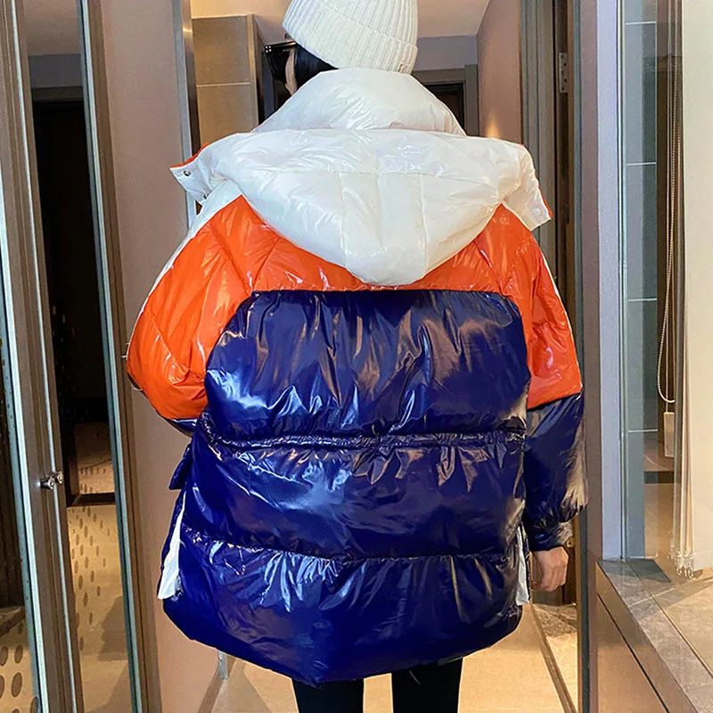 Imagem -02 - Cabolsa Acolchoado de Algodão Brilhante Feminino Parkas com Capuz Outwear Quente Costura de Cores Contrastantes Laranja e Rosa Gola Alta Feminina Inverno