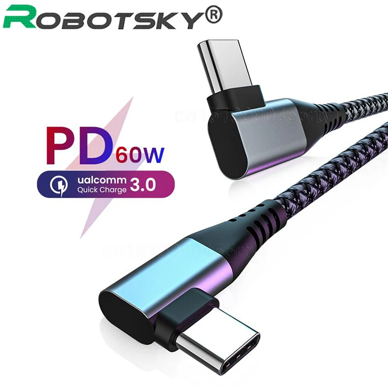 USB Type C To Type C Elbow Cable PD 60W 90 Degree Quick Charger Mobile Phone Fast Charging Cord For Macbook Pro Samsung S10 S20