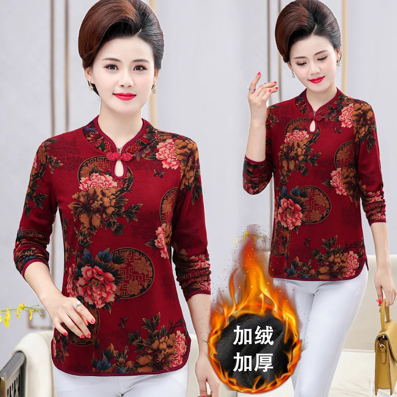 winter warm velvet  thick cheongsam blouse traditional oriental chinese clothing for women tops  Spring Autumn qipao flower top