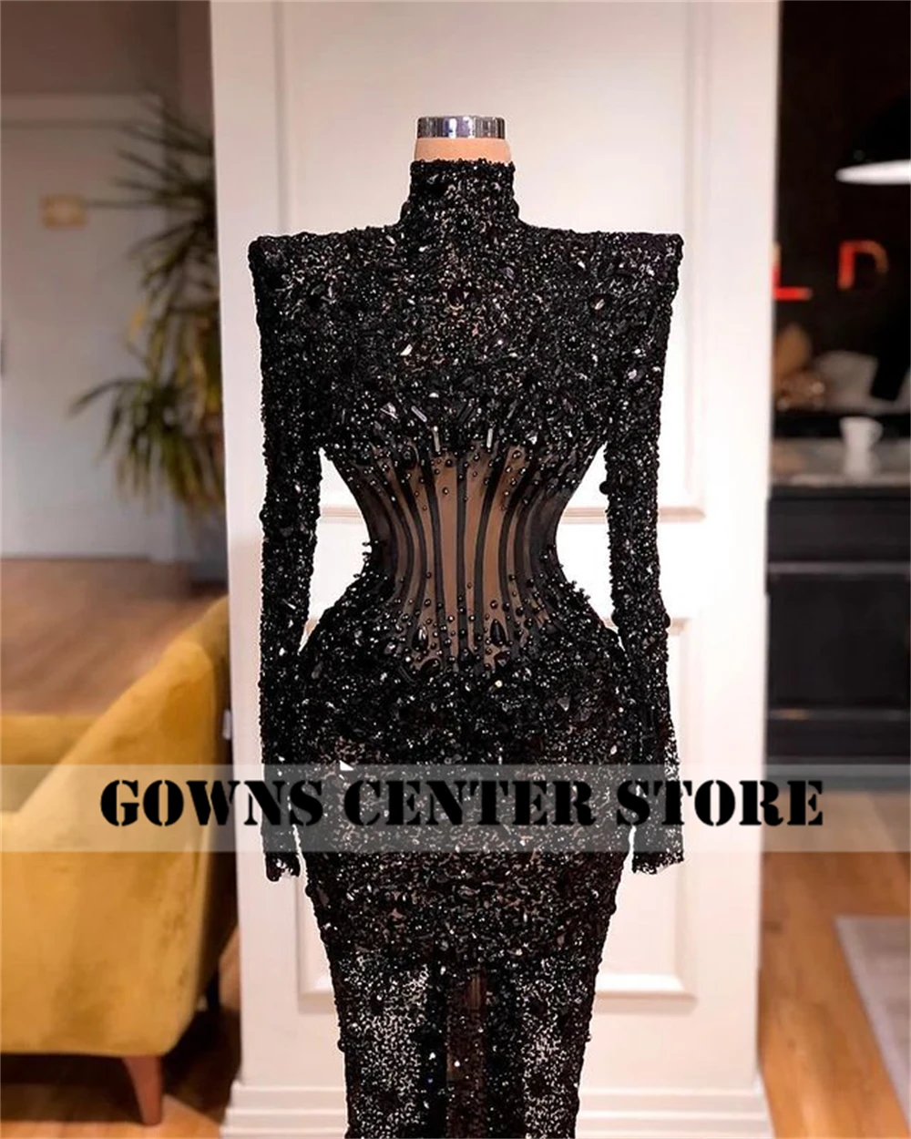 Stone Beaded Dubai Black Mermaid Evening Dresses Party Dress Sparkly Sequin Long Sleeve Middle East Formal Gowns robe Customized