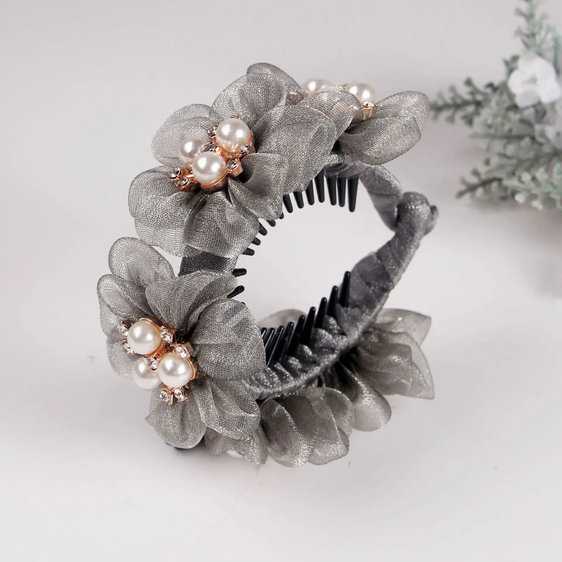 Bando Rambut Sutra Sanggul Jepit Rambut Mode Aksesori Kepang Rambut Wanita Jepit Rambut Pisang Updo Bunga Kepala dengan Bunga untuk Rambut