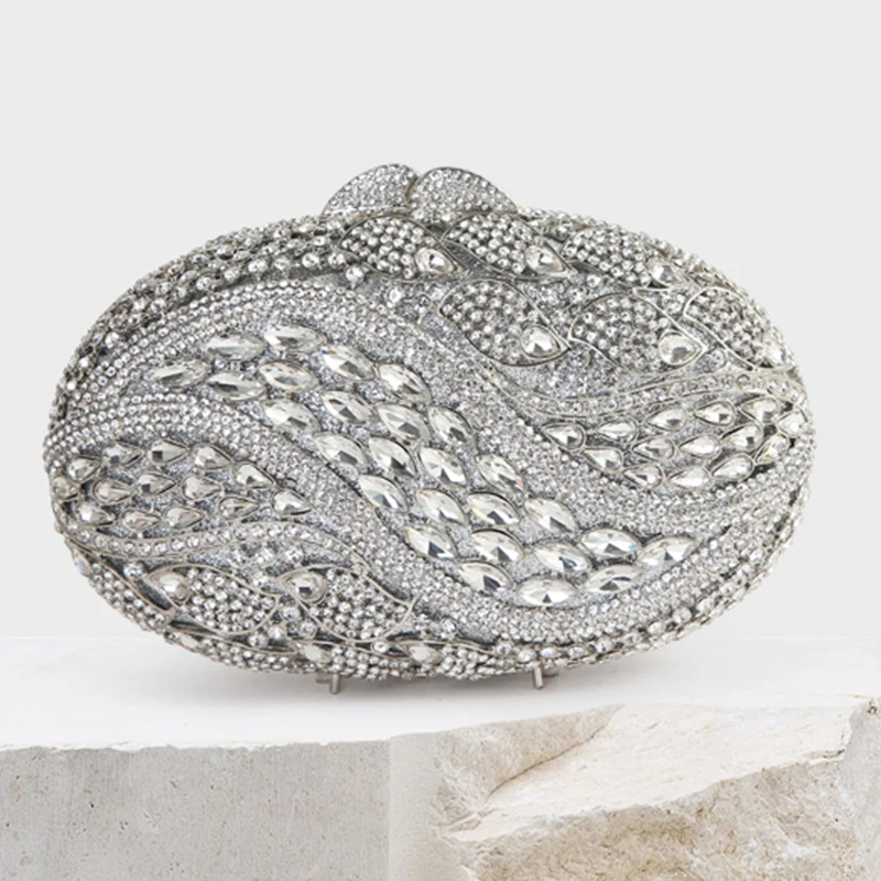 

Oval Shape Silver Rhinestone Wedding Bridal Handbags Crystal Clutch Luxury Women's Evening Party Clutches Shoulder Phone Case