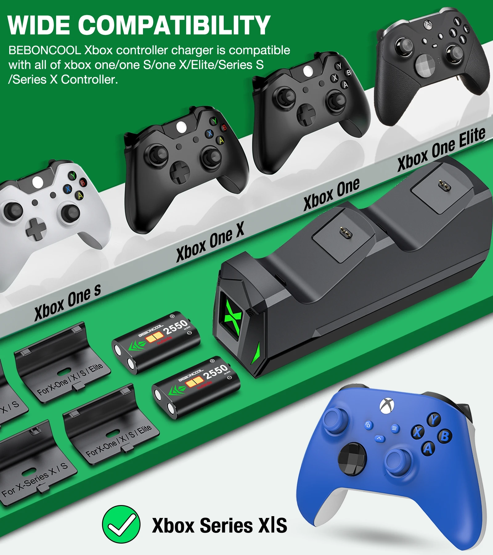 Type-C 충전기 도크, Xbox One/Xbox One S/X/Xbox 시리즈 X/S 무선 컨트롤러 + 커버 포함, 2x2550mAh 충전식 배터리