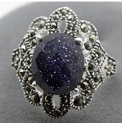 

17x22MM Blue Sandstone Oval Gem 925 Sterling Silver Marcasite Ring Size 7/8/9/10