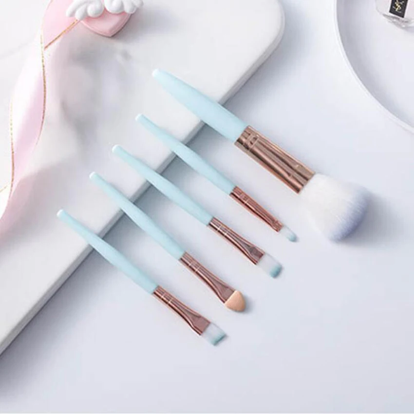 5 pz/set Kit di pennelli trucco professionale ombretto Eyeliner ciglia sopracciglio fard potenza trucco viso strumento cosmetico rosa blu