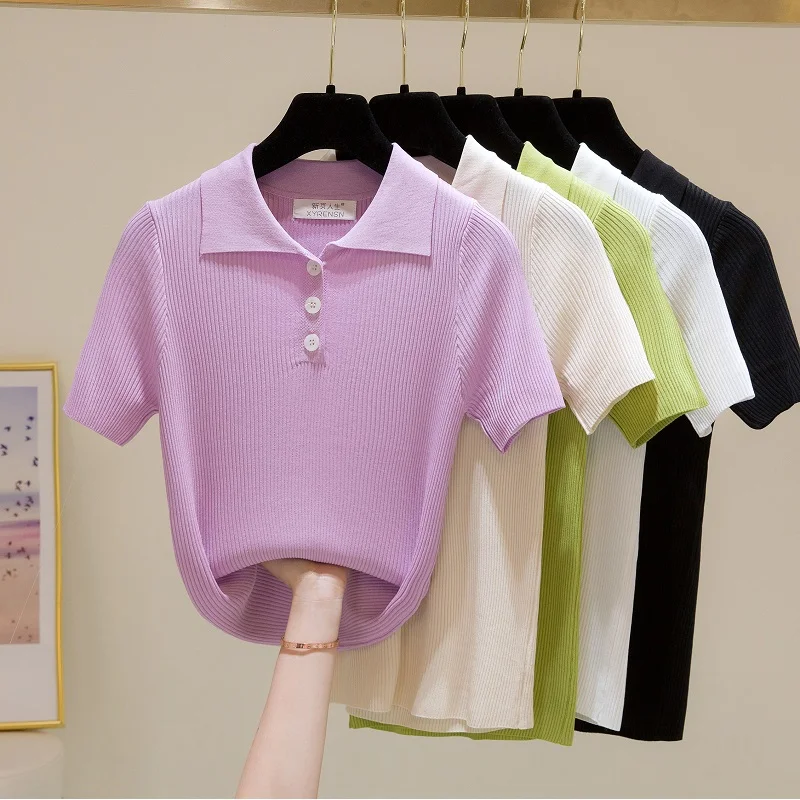 Vintage Polo Lapel Shirt Women T-Shirts 2021 Summer Knitted Short Sleeve Summer Solid Turndown Collar Button Elegant Slim Top