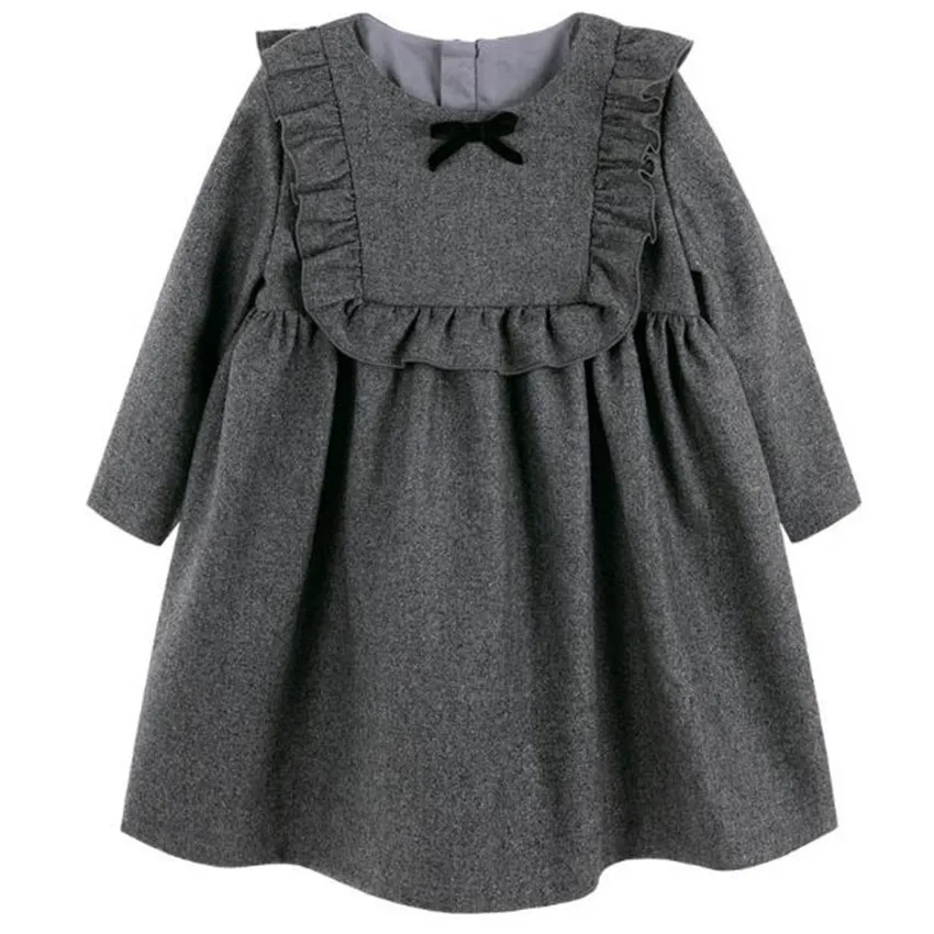 Babby girl winter vinatge preppy style woolen princess dress kids long sleeve ruffles shiny a-line dress