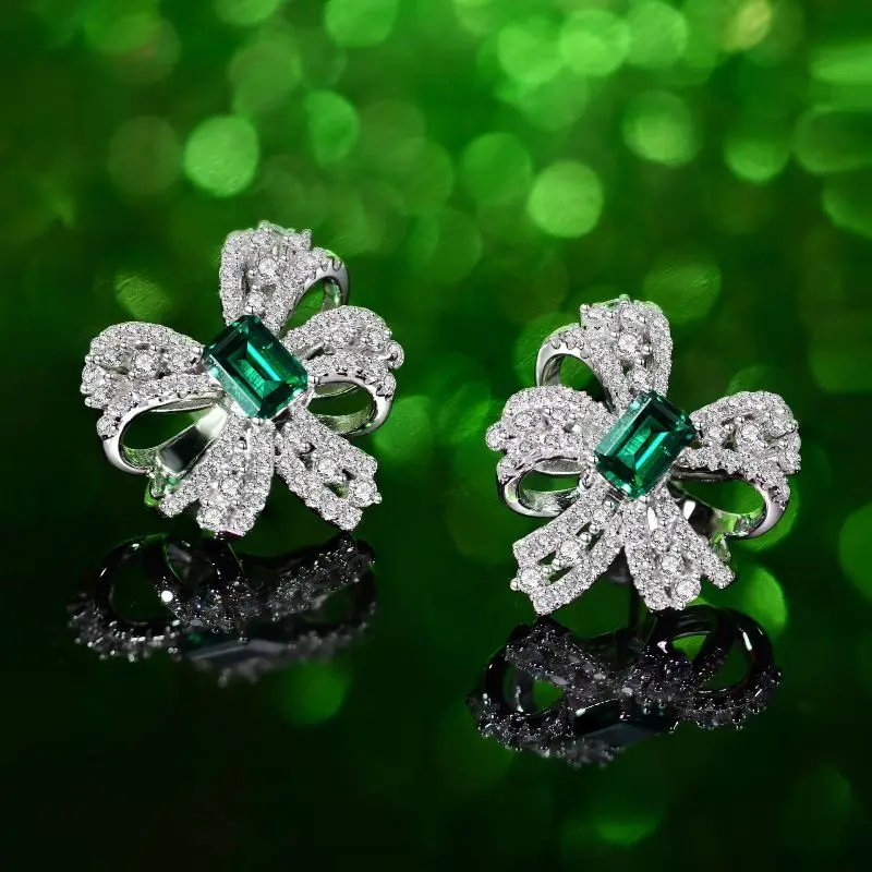 

100% S925 Sterling Silver Green Emerald Gemstone Stud Earrings For Women Sparkling Full High Carbon Diamond Fine Jewelry