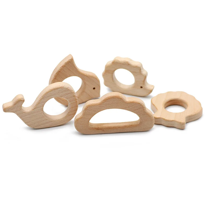 Cartoon Shape Food Grade Natural Beech Wood Teether Baby Molar Toy Dolphin Elephant Squirrel Fox Owl Crown Rattle Pendant Crafts