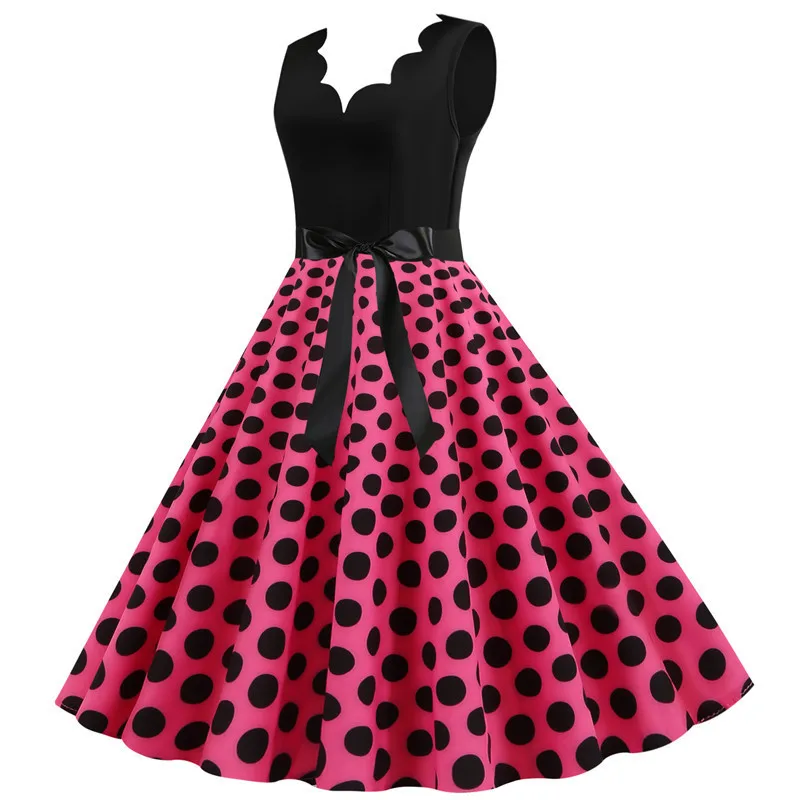 Polka Dot Print Women Summer Dress Black Patchwork Sleeveless V Neck Elegant Vintage Party Casual Midi Dress