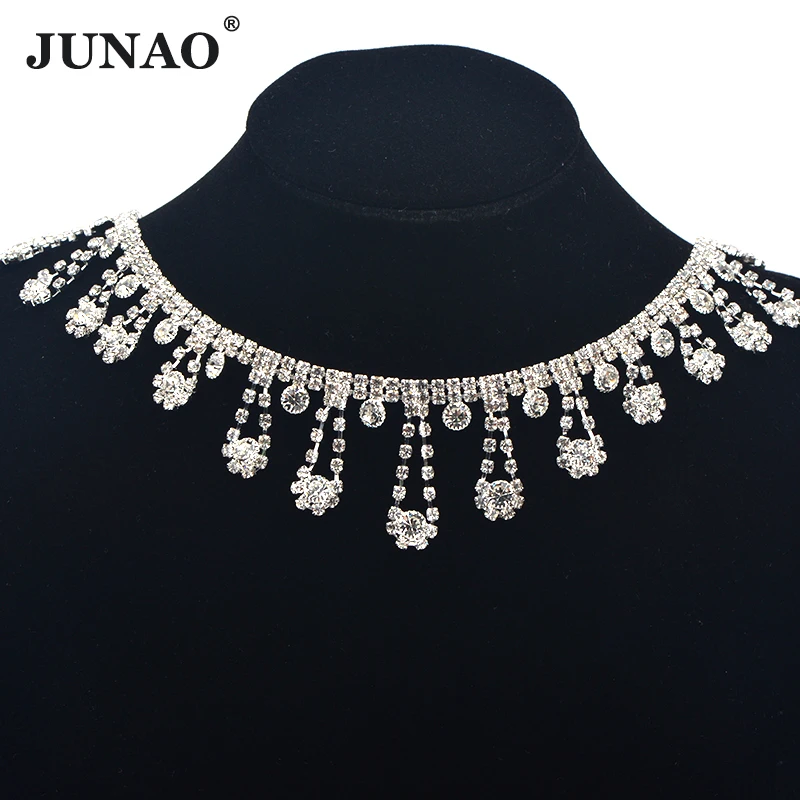 JUNAO 45cm/lot Glitter Clear Glass Crystal Rhinestones Triming Chain Crystal Fringe Tassel Metal Strass Ribbon for Decoration