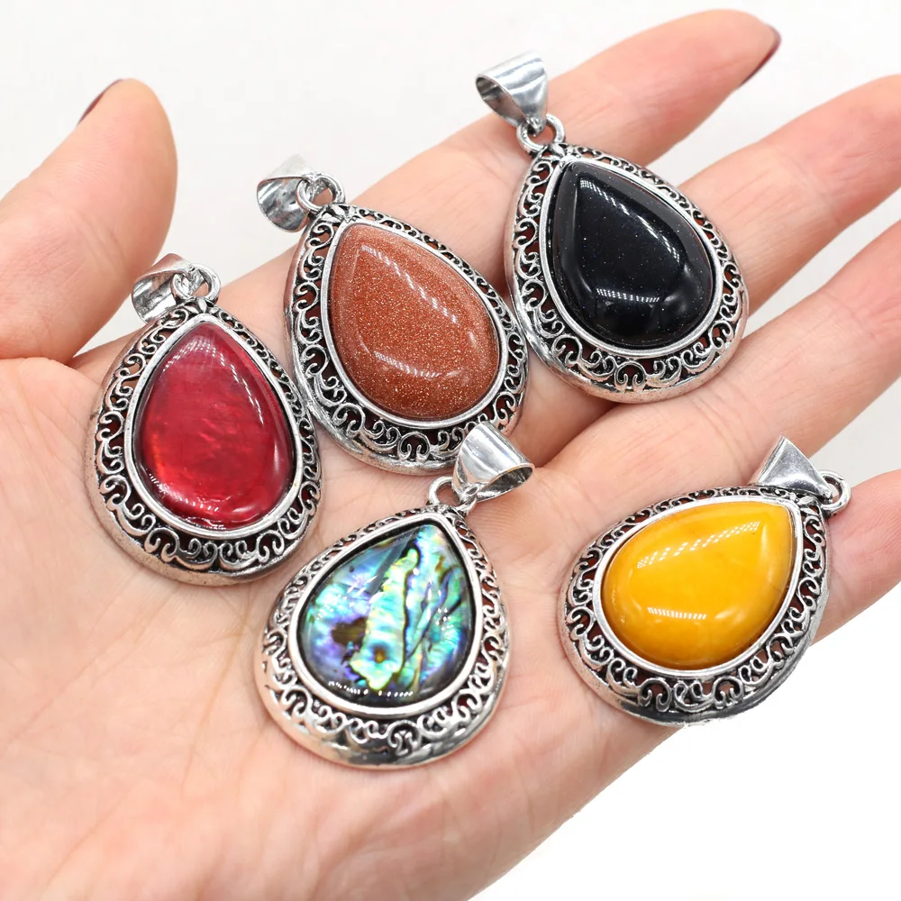 2024 New Natural Stone Abalone Shell Charms Drop Shape Lapis Lazuli Ethnic Pendant for Women Jewelry Making DIY Necklace Gift