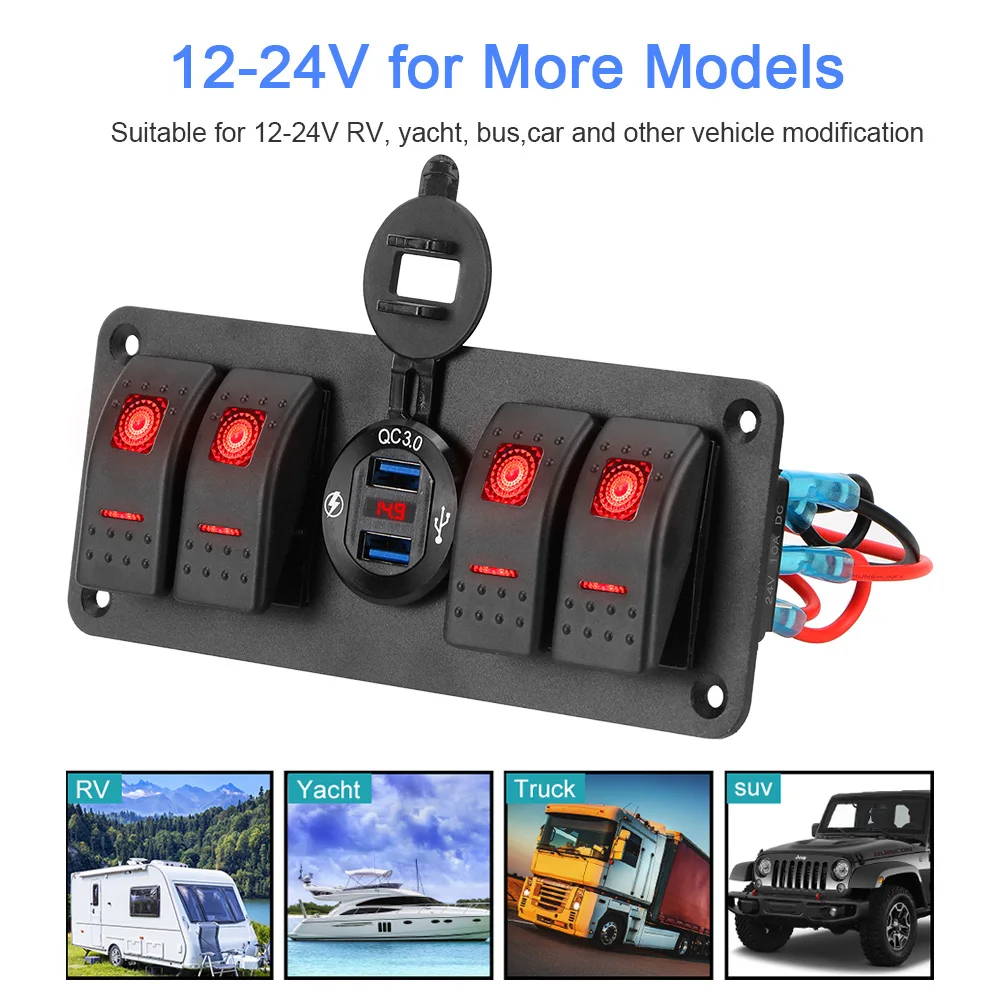 Marine Rocker Switch Panel Waterproof Car Switch Panel 4 Gang LED Digital Voltmeter 12~24V Circuit Control