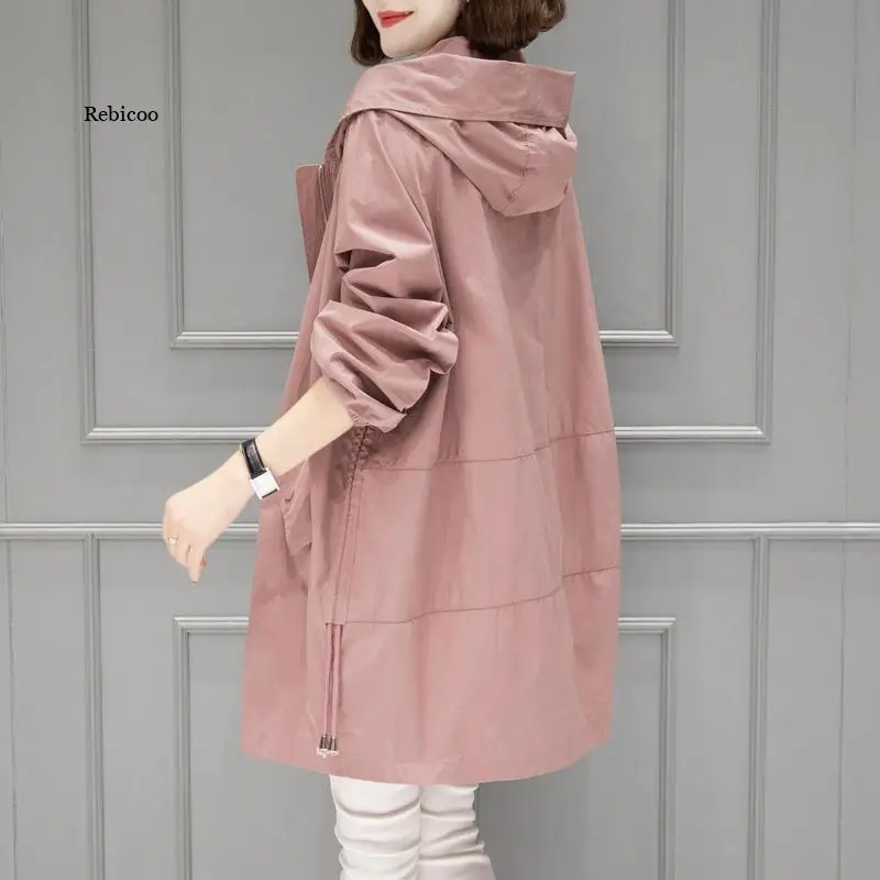 

Spring Autumn Large Size Hooded Windbreaker Coats Women's Mid-Length Trench Coat 2021 New thin Female Coat Casual Outerwear