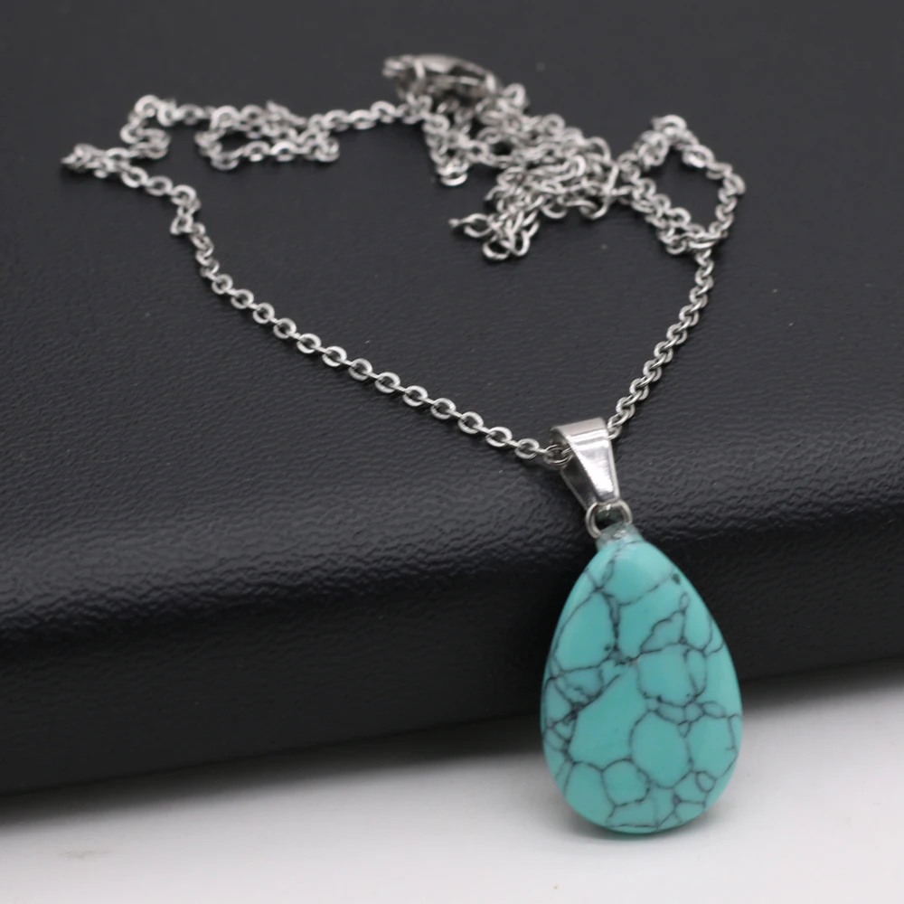 Natural Stone Necklace Drop Shape Crystal Rose Quartz Crazy Agate Opal Blue Turquoise Pendant Neck Chain for Women Jewelry Gifts