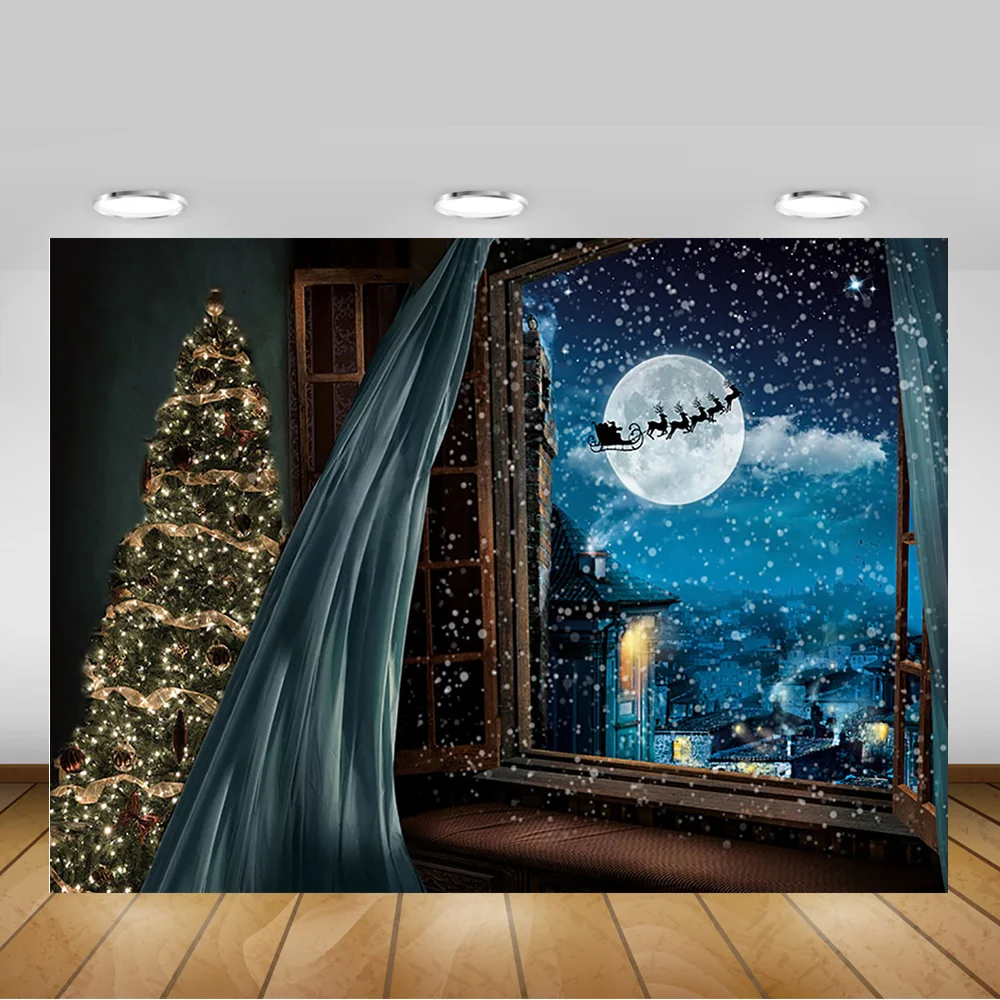 หน้าต่างคริสต์มาสครอบครัวภาพพื้นหลังหมู่บ้านฤดูหนาวDreamy Starry Sky Christmas Treesฉากหลังถ่ายภาพ