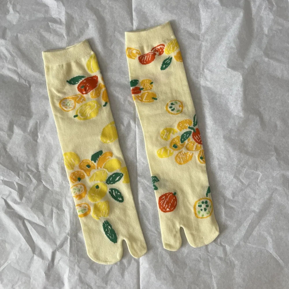 New Summer Colorful Cartoon Fruits Tabi Socks Japanese Harajuku Women Combed Cotton Two Finger Toe Breathable Soft Girls Socks