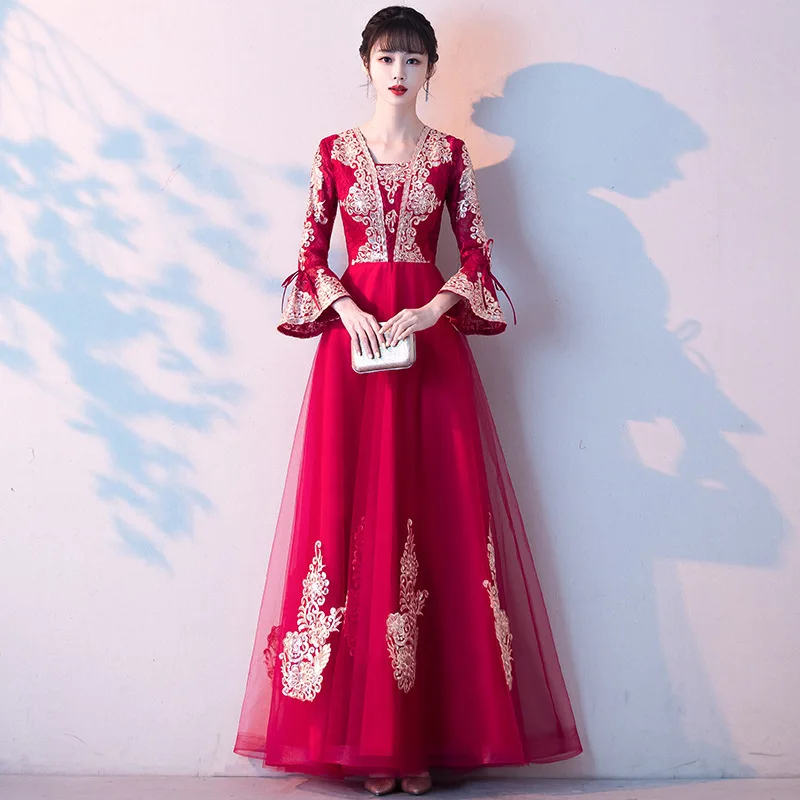 

Embroidery Chinese Traditional Vestidso Elegant Bride Wedding Party Dress Noble Flower Full Length Slim Qipao