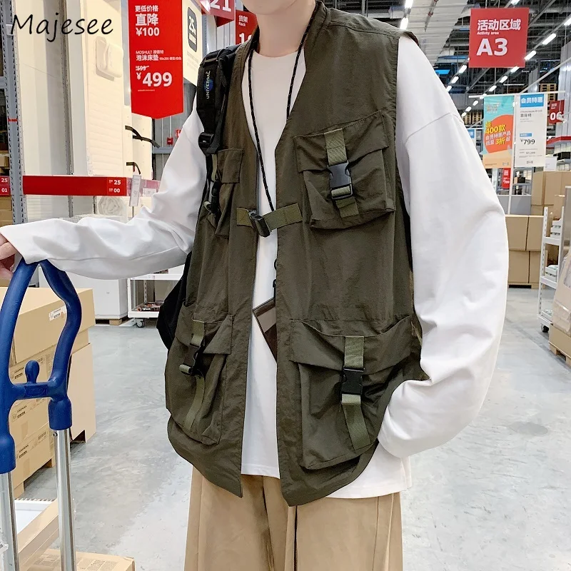 

Vests Men Multi Pockets Safari Style Plus Size 3XL Tactic Retro Vintage Coats Teens Fall Harajuku High Street Sleeveless Jackets