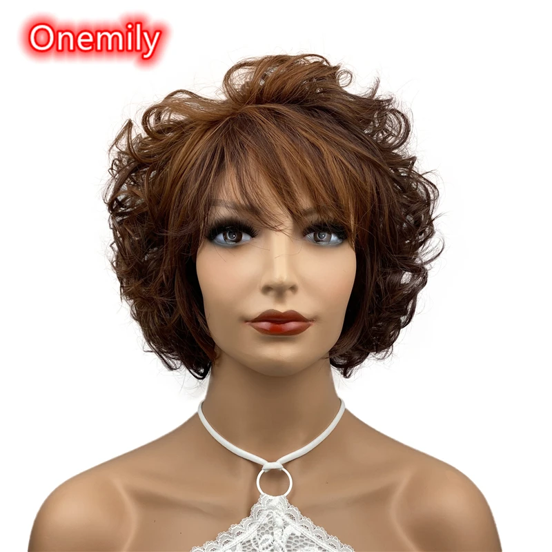 

Onemily Short Wavy Wave Curly Heat Resistant Synthetic Hair Wigs for Women Girls with Bangs Party Evening Out Auburn Fox Red