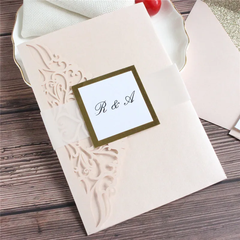 Top grade wedding invitations luxury soft pink cards with glitter envelop gold belly personalized invites design