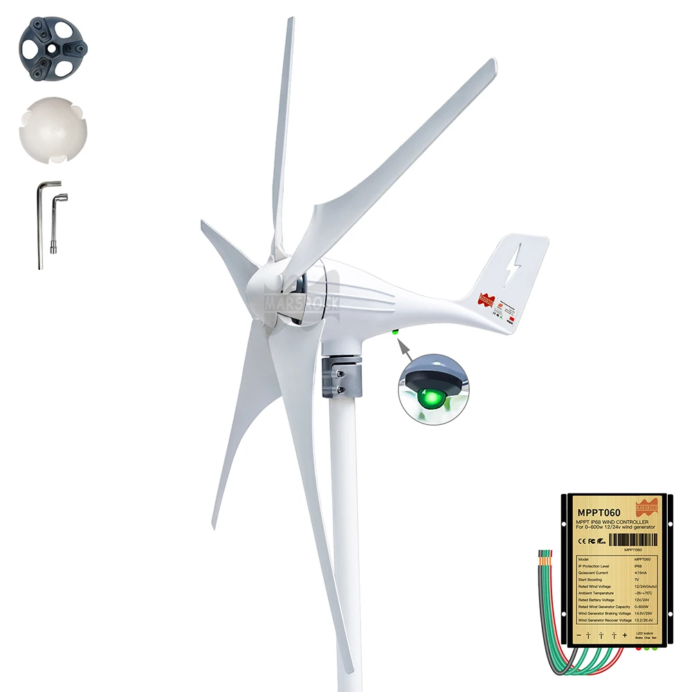 600W 12V 24V Wind Turbine Generator 3 5 Blades Residential AC Hawt Wind Mill with Free MPPT Controller Charging Indicator LED