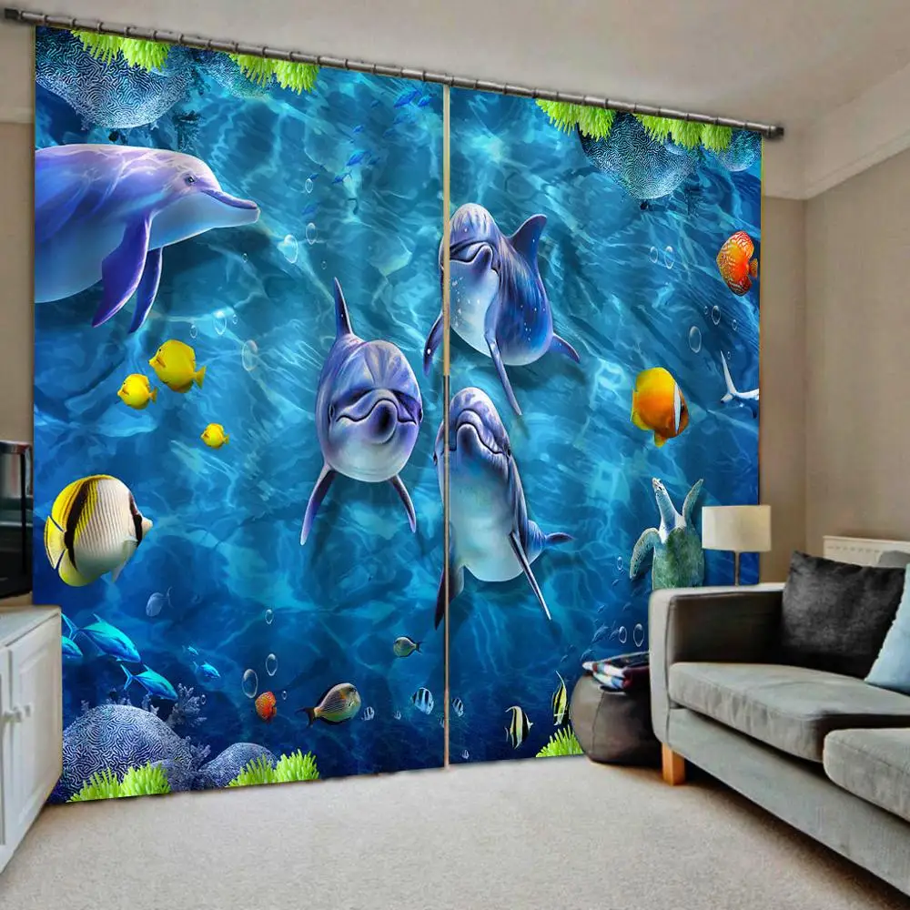 

Blue curtains ocean underwater dolphin curtains 3D Curtain Luxury Blackout Window Curtain Living Room Decoration curtains