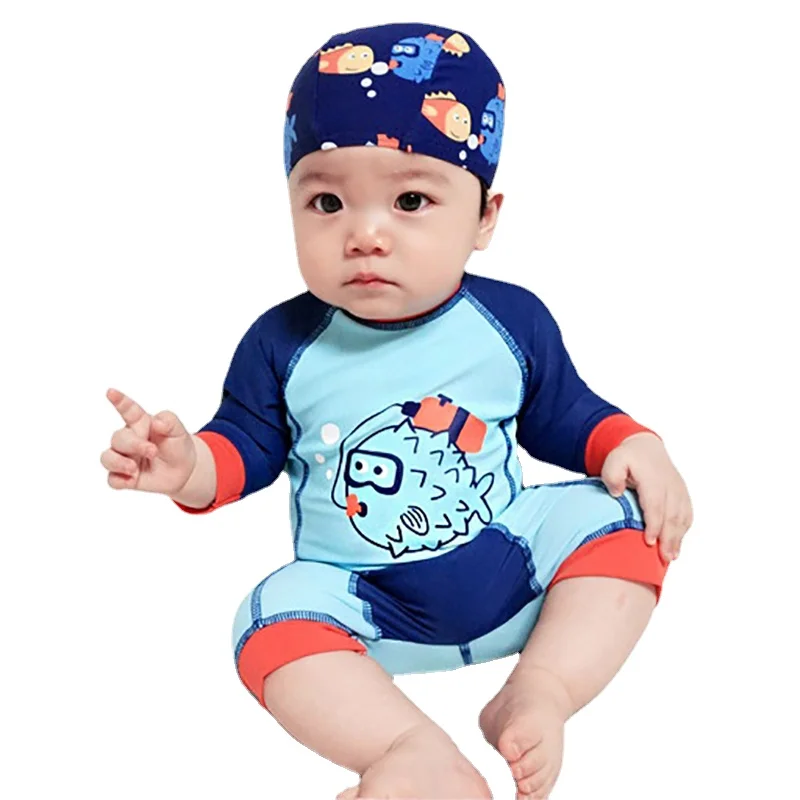 1-10Y Boy Swimwear Baby Kids Long Sleeve One Piece Swimsuit Blue Fish Toddler Boy Swim Suits Baby Bodysuit Children Bathing Suit