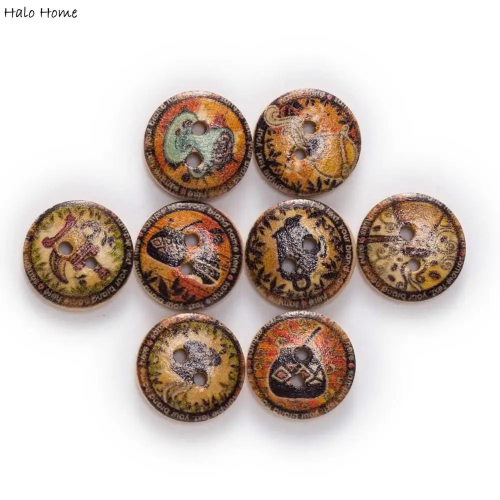50pcs Indian color Retro Printing Round Wood buttons Sewing Scrapbook Clothing Gifts Crafts Handwork Accessories 15mm