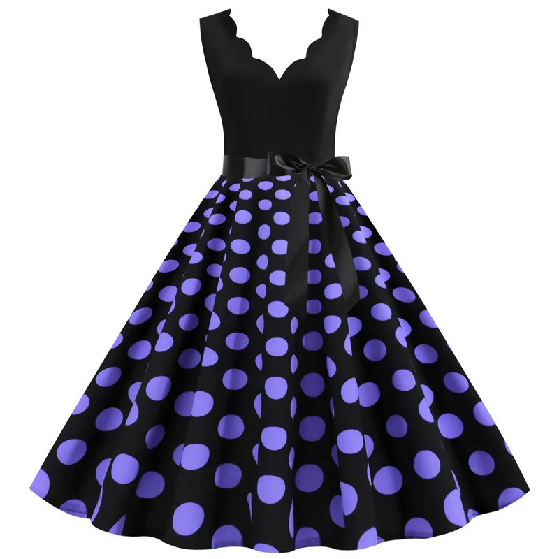 Polka Dot Print Women Summer Dress Black Patchwork Sleeveless V Neck Elegant Vintage Party Casual Midi Dress