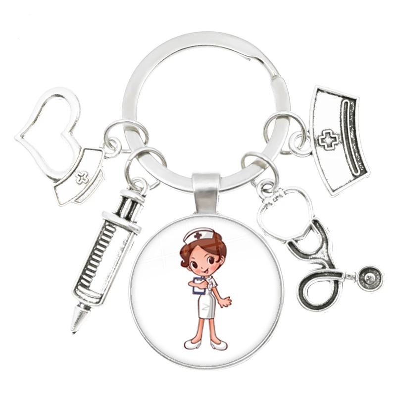 Doctor Nurse Medical Syringe Stethoscope Image Keychain 25mm Glass Cabochon Dome Medical tools Pendant Key Ring Jewelry Gift