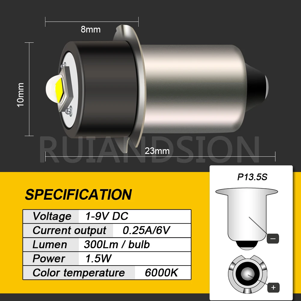 RUIANDSION 2X P13.5S PR2 Maglite Flashlight Bulb 3D 6D 9D Lantern Torch LED XPG2 1-9V 5-30V 1.5V 3V 6V 4.5V 12V 18V 13.5V 6000K