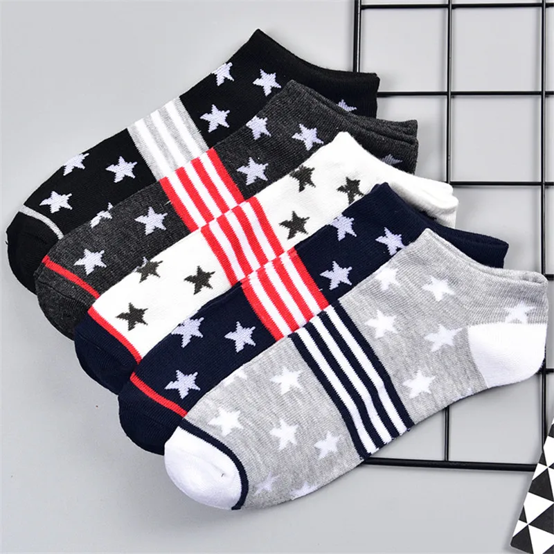 5 Pairs Europe Summer Latest Design Men White Boat Socks High Quality Cotton Business Striped Navy White Star Adult Short Socks