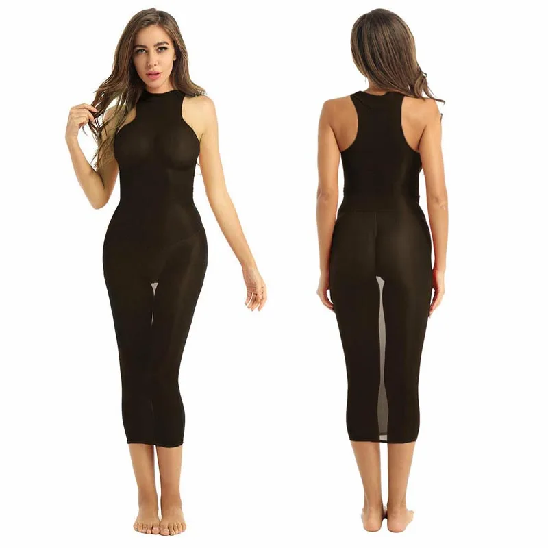 

Sexy Women Glossy Stretch Midi Dress See Through Turtle Neck Tank Sleeveless Bodystocking Clubwear