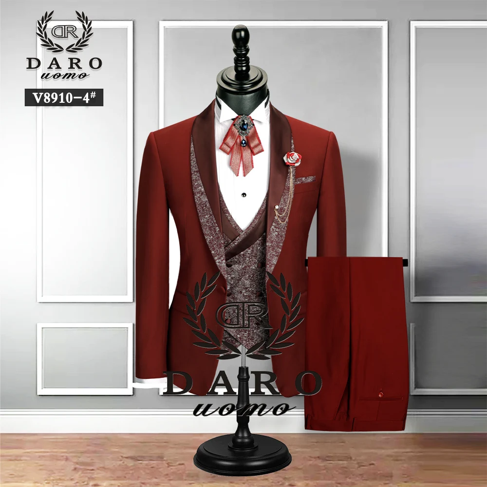 2023 DR DARO UOMO Men Suit Bridegroom Wedding Tuxedo Slim Fit Jacket Vest Pant 3 Piece Black Blue White DRV8910