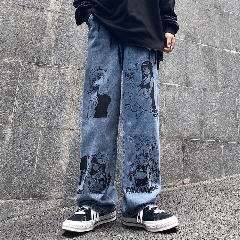 

Women Man Streetwear Vintage Washed Jeans Harajuku Cartoon Print Denim Jeans Fashion Casual Loose Straight Wide Leg Pants Cotton