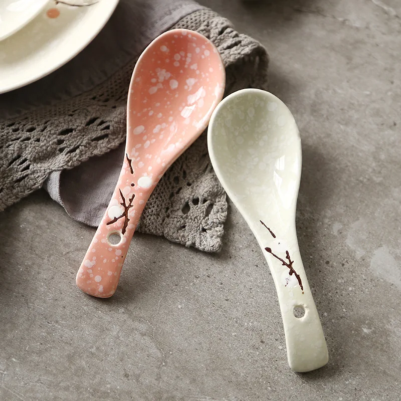 Japanese Ceramic Spoon Handpainting Porcelain Soup Spoon Kitchen Cooking Utensil Tool Creative Milk Stirring Spoon Tableware