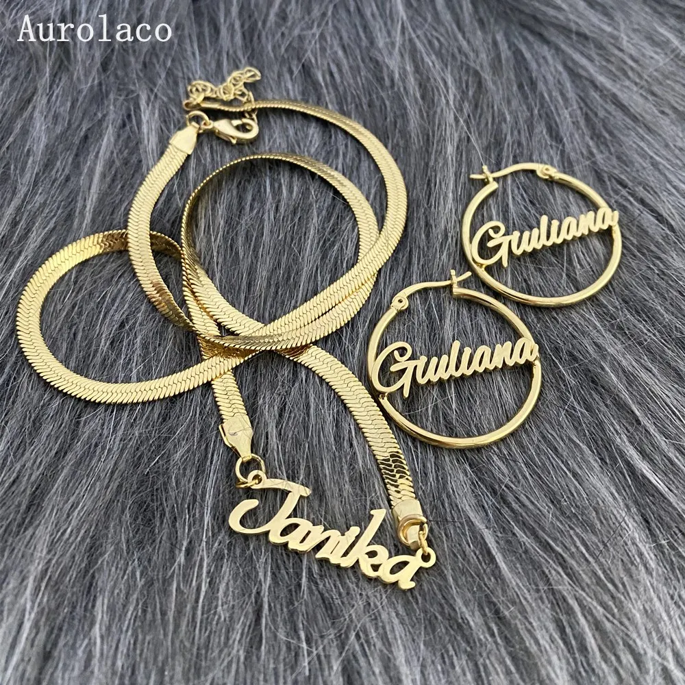 AurolaCo Custom Jewelry Set Custom Hoop Earring Custom Name Earrings Stainless Steel Snake Chain Necklace for Women Holiday Gift