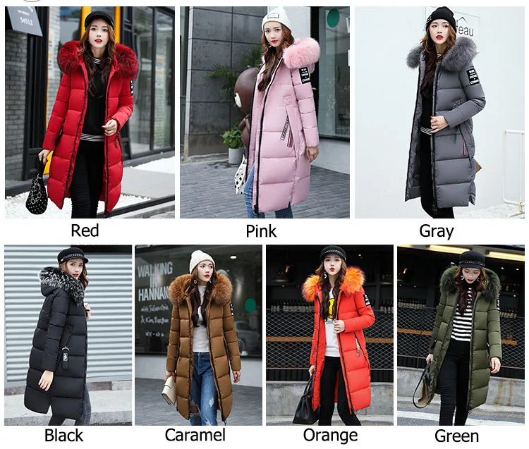 2025 Women's Down Parkas Winter Jacket Big Fur Collar Thick Slim Coat Fashion Hooded Cotton Outerwear Long Winter Woman Coat