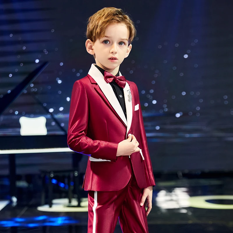 Boy Suit set Catwalk Show Host Birthday Costumes Children Suit Boys Enfant Garcon Mariage Burgundy Blazers For Boys Wedding