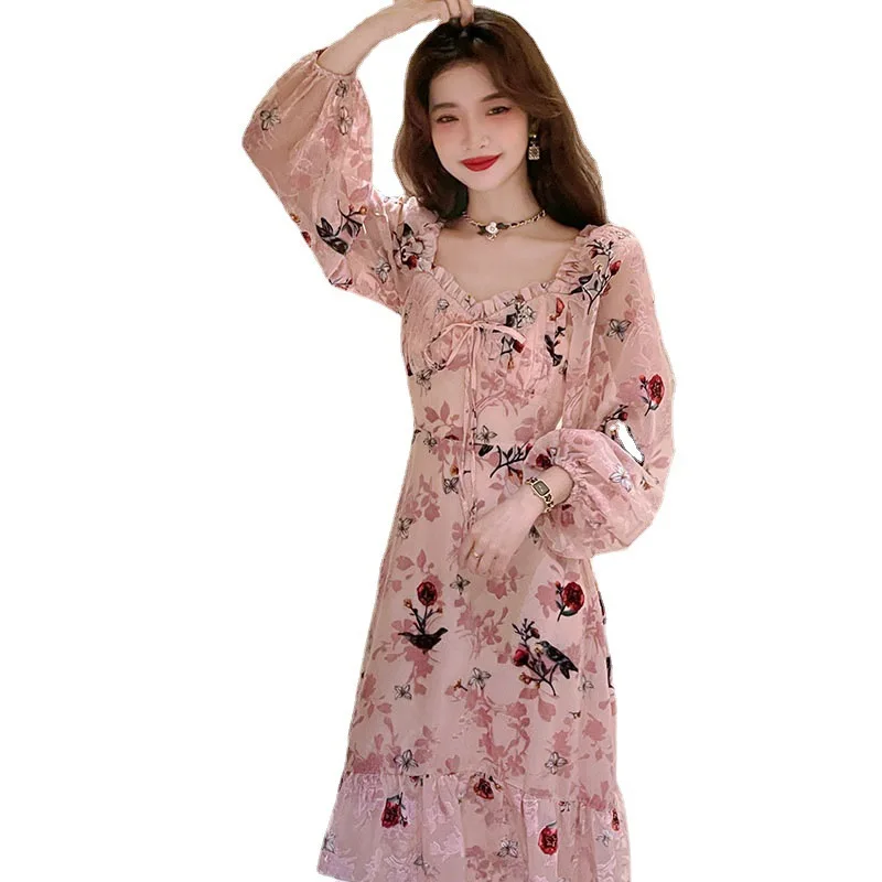 Early spring 2021 new velvet hot flower V-neck lace dress sweet waist slim long A-line skirt female tide