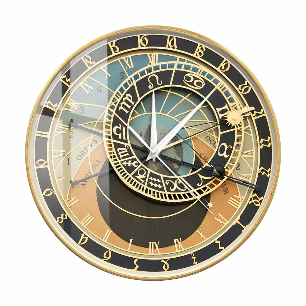 

Czech Republic Prague Astronomical Clock Face Wooden Frame Wall Clock Rustic Home Decor Natural Artwork UV Printed Clock Watch