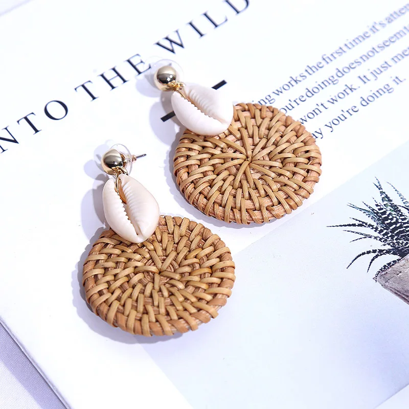 YAOLOGE Korean Style Fashion Handmade Natural Shell Rattan Drop Earrings For Women 2019 Boho Geometric Hanging Earring Party