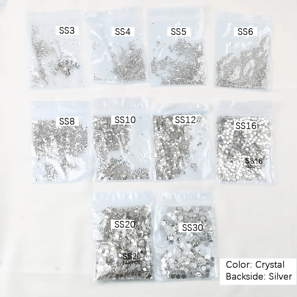 Top quality SS3-SS43 Clear Crystal White 3D Nail Art Decoration rhinestones Silver Flatback Rhinestones Glitter Gems