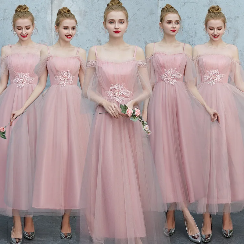 

Cheap Long Tulle Illusion Dust Pink Bridesmaid Dresses 2019 A-Line Spaghetti Strap Formal Party Prom Dresses with Appliques