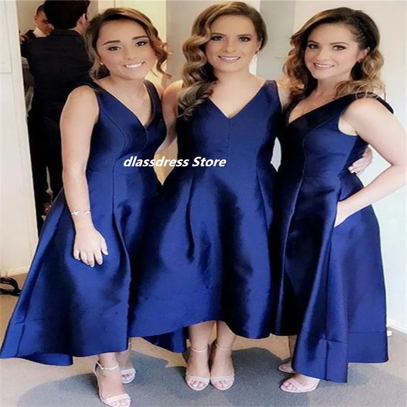 Sexy A-Line Bridesmaid Dresses Royal Blue Satin V Neck Capped Sleeves Party Prom Gowns 2022 Vestidos De Noche High Quality