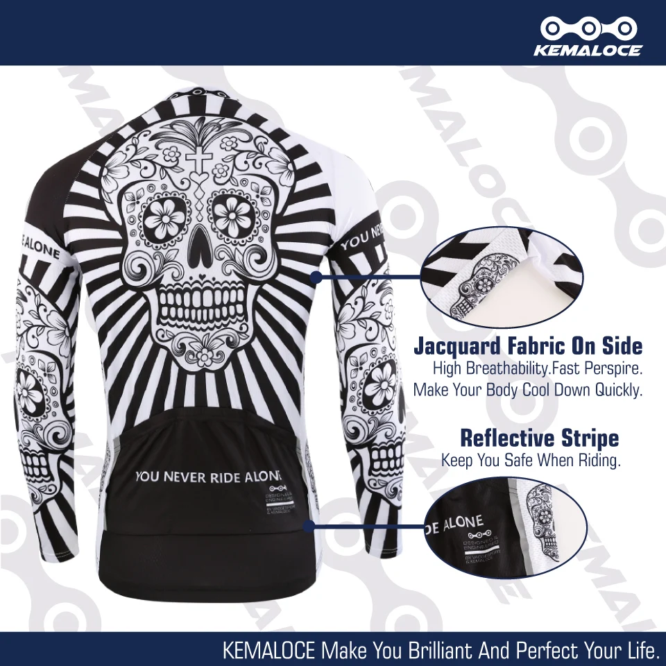 KEMALOCE 2023 Autumn Pro Long Sleeve Cycling Jersey Skull Retro Men Full Sleeve Cycles Shirt Wear Team Men Bicycle Bike Jersery